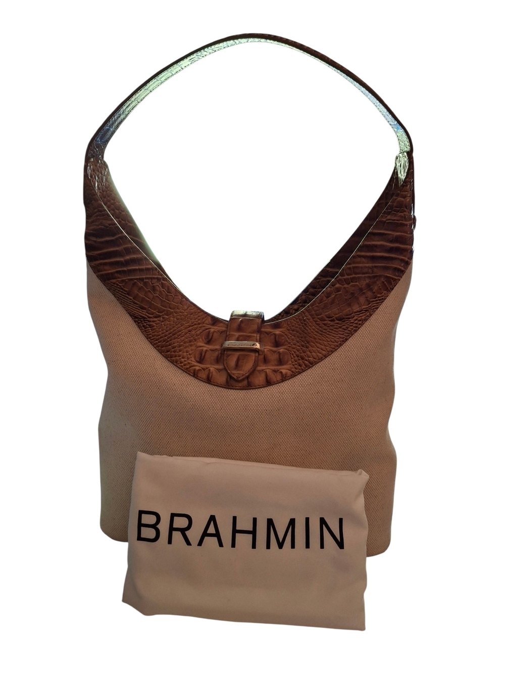 Brahmin Gwynne Tan Canvas Shoulder Bag with Brown Croc Trim Nwot